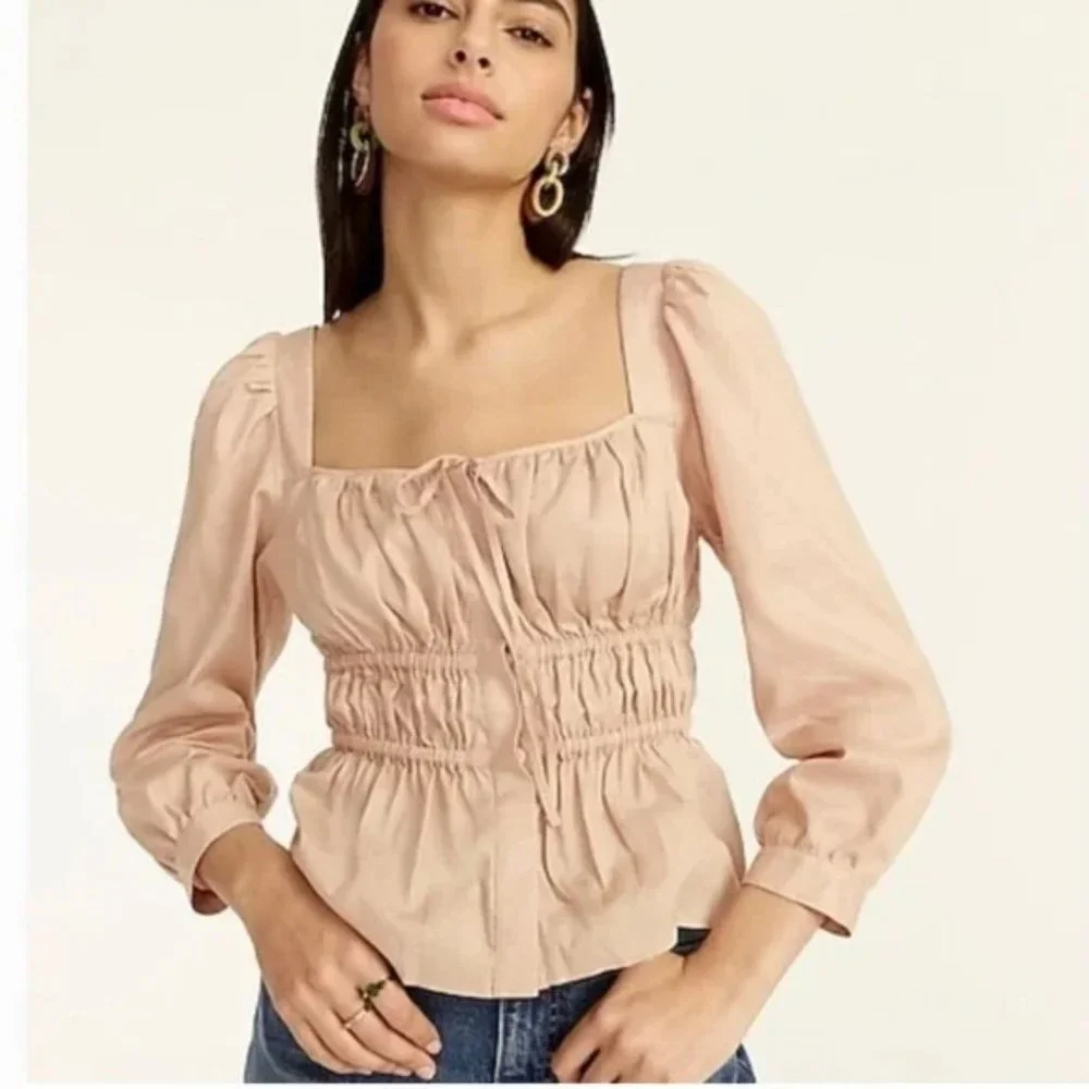 J. Crew Spring Chic Cinched Waist Top in Herringbone Cotton in Almond Biscotti‎